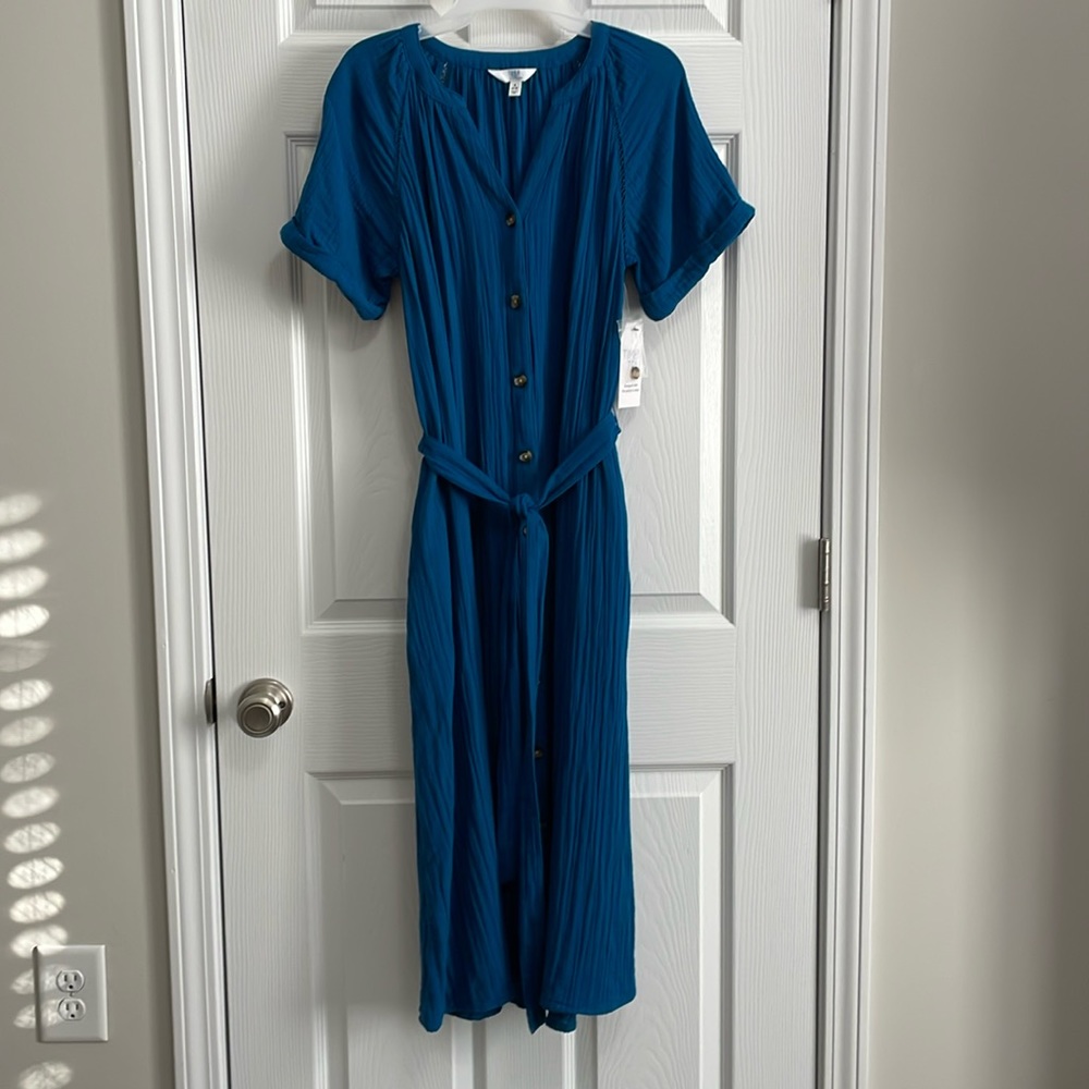 Time and Tru Teal Blue Button-Front Midi Dress